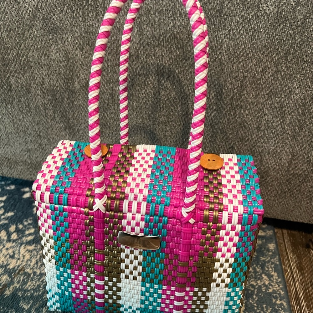 Vibrant Pink and Blue Woven Tote